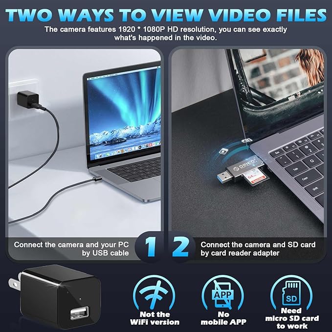 USB Charger Camera, 1080P HD Smart Security Cameras Indoor Pet Nanny Cam with Motion Detection, Loop Recording Mini Video Recorder for Home, No Audio