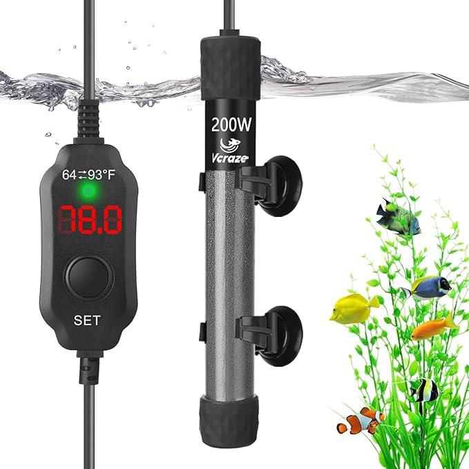 Super Compact 200W Fish Tank Heater, Submersible Aquarium Heater with LED Digital Display Thermostat, Adjustable Fish Heater for 20-40 Gallon Tanks