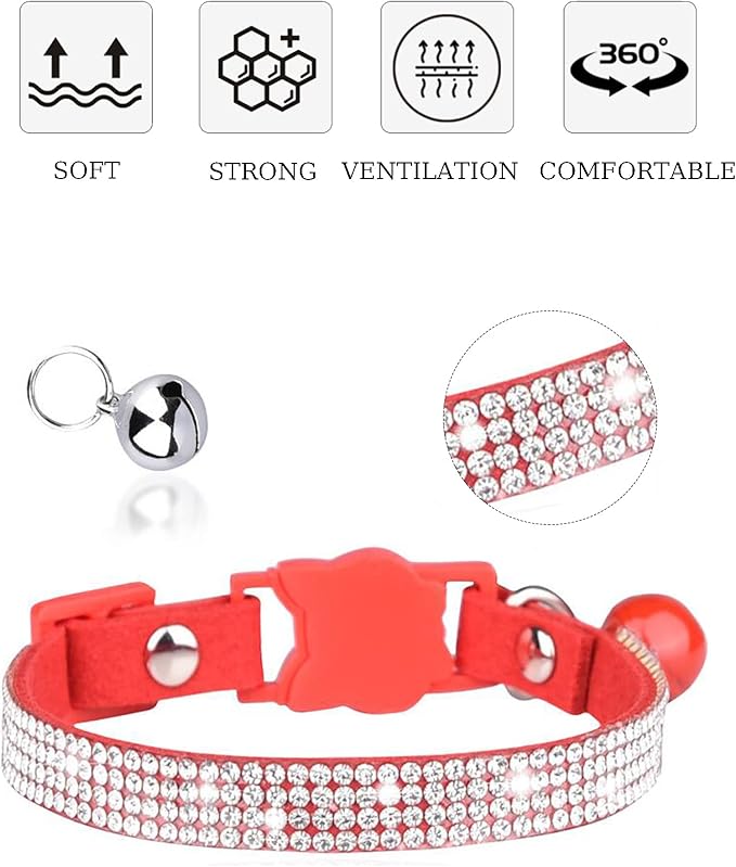 Solmoony Breakaway Cat Collars with Bell,Adjustable Safe Kitten Collar,Cat Collars for Girl Cats with Rhinestone Soft Velvet (Pink)