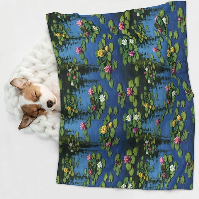 Reversible Plush Throw for Dogs and Cats, Water Lilies Monet Painting, Double Sided Blanket with Nubby Dot Side and Sleek Side Ideal for Cuddling Nesting Security