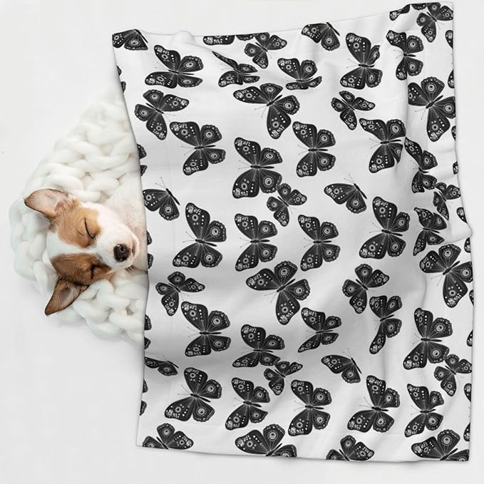 Two Sided Plush Pet Blanket for Crates Carriers Home Use, Butterflies Black and White, Reversible Throw with Cozy Dot Fabric and Silky Reverse for Small Large Pets