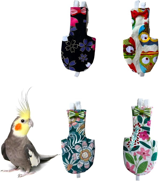 UKJENT Bird Diaper Protective Parrot Nappy - 4 Pack, Reusable Flight Suit with Waterproof Inner Layer, Washable Cute Urine Wet Suit for Cockatiel Monk Parakeet Sun Parakeet Lory(S)