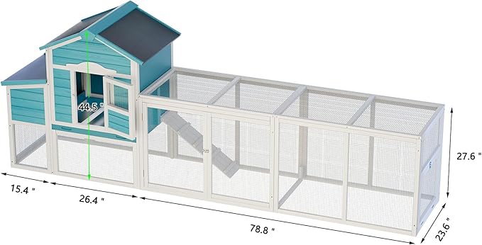 Wooden Chicken Coop with Nesting Box and Free-Range Door – Outdoor Hen House for 3–4 Chickens, All-Weather Asphalt Roof, Secure Locks & Easy-Clean Sliding Tray Blue