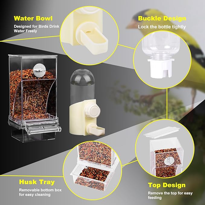 Automatic No Mess Bird Feeder & Water Dispenser for Cage, Parakeet Cage Accessories, Bird Water Feeder for Parrots Cockatiels Budgies Finches Canaries