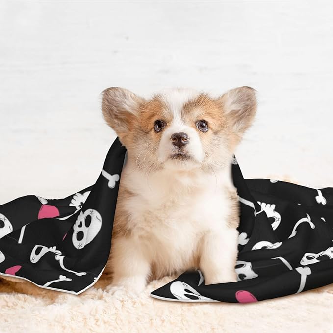 Double Sided Plush Pet Blanket with Cozy Dot Texture and Smooth Reverse, Cartoon Skulls with Hearts On Black, Reversible Throw for Dogs Cats on Couches Beds Crates