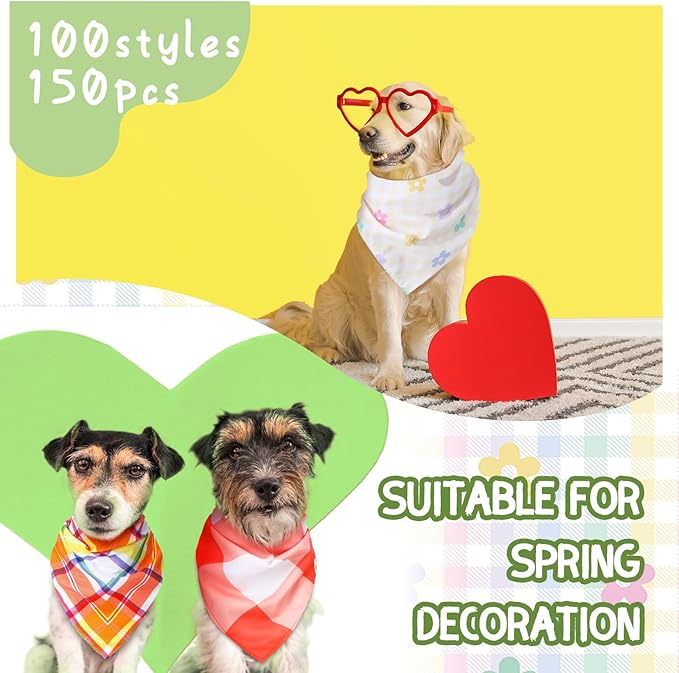 150 Pcs Spring Dog Bandanas Bulk Pet Bibs Colorful Triangle Scarf Pet Bandanas for Medium Large Dogs Spring Summer Birthday Costume Decoration