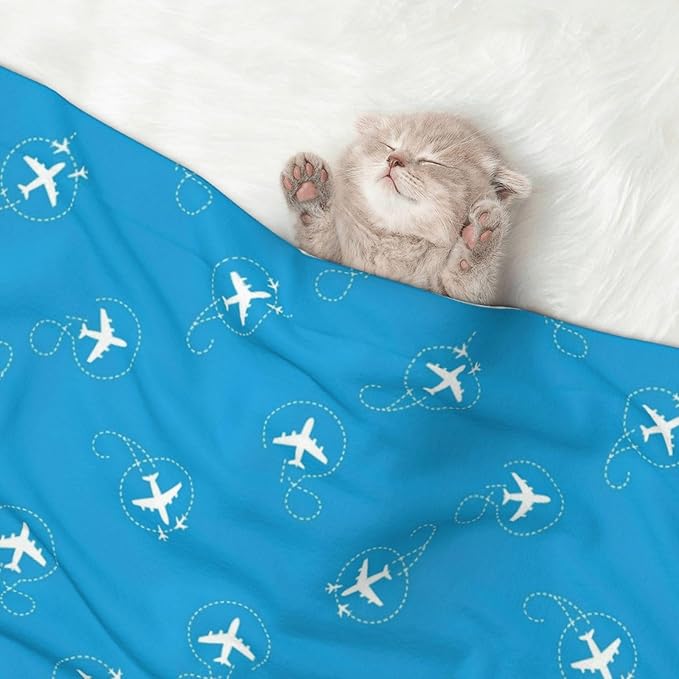Reversible Pet Blanket for Easy Cleaning Maintenance, Aircraft Airplane Pattern Navy Blue, Double Sided Plush Dot Design Means Double Use Between Washes for Convenience