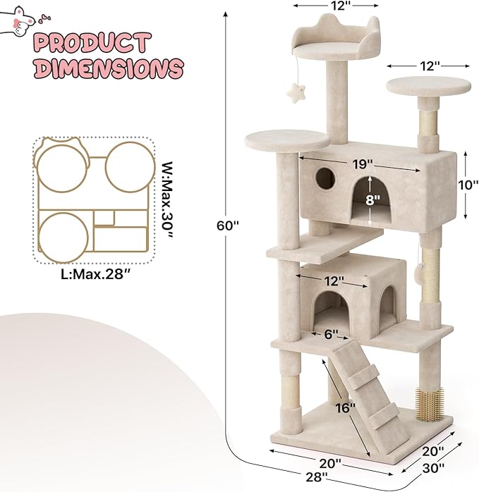 MoNiBloom 60 Inch Cat Tree Tower for Indoor Cats Large Adults, Cat Tower with Scratching Post, Multi-Level Furniture Activity Center with Cat Condo Pet Play House, Beige