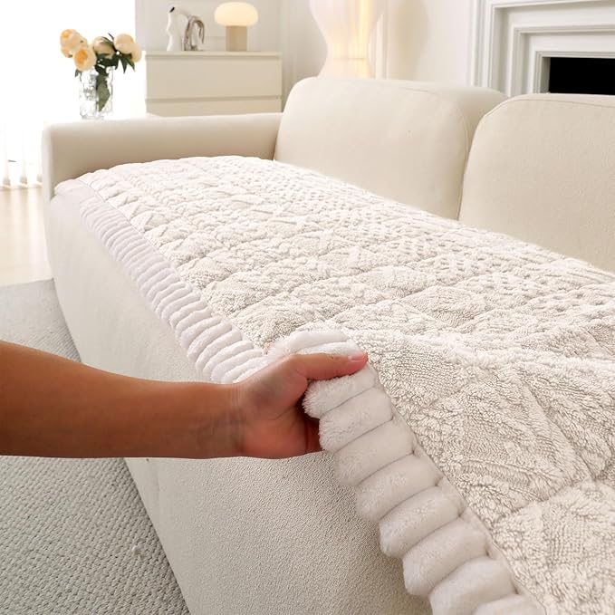OTOB Couch Covers for 3 Cushion Sofa Pet Friendly Washable, All Seasons Non Slip Plush Fuzzy Sofa Covers, Geometric Jacquard Soft Cozy Dog Bed Mat Sofa Slipcovers Protector (White, 27.6" x 82.7")