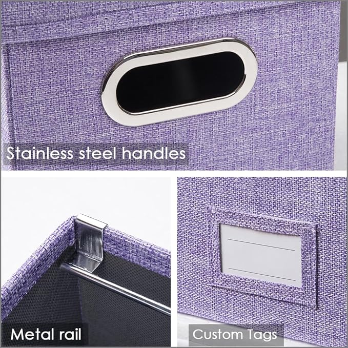 PRANDOM File Organizer Box - Set of 2 Collapsible Decorative Linen Filing Storage Hanging File Folders with Lids Office Cabinet Letter Size Purple (14x9.3x10.8 inch)