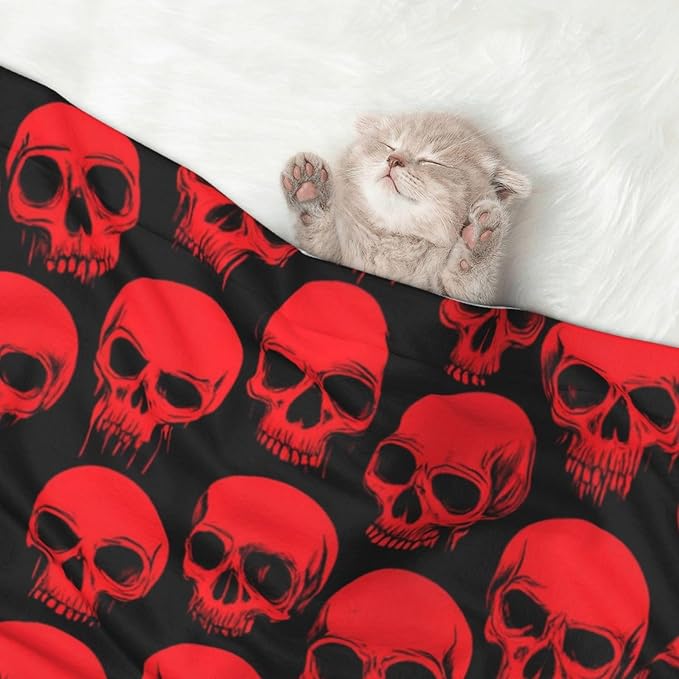 Dog and Cat Blanket in One, Red Blood Vintage Skull, Double Sided Plush Throw with Raised Dot Pattern on One Side and Flat Velvet on Other for Variety