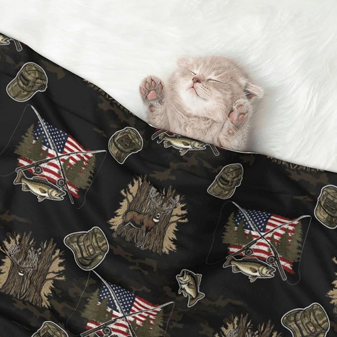 Reversible Plush Dot Pet Blanket, Hunting Deer Bass Fishing Lure Camo Camouflage American Flag Black, Ultra Soft Two Sided Throw for Dogs Cats Home Use Comfort