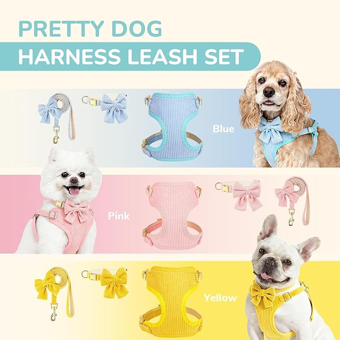 Small Dog Collar Harness and Leash Set, Dog Harness no Pull with Bowtie, Breathable Cotton Adjustable Pet Puppy Harness, Easy Walk Dog Harness, S(14–18.9")