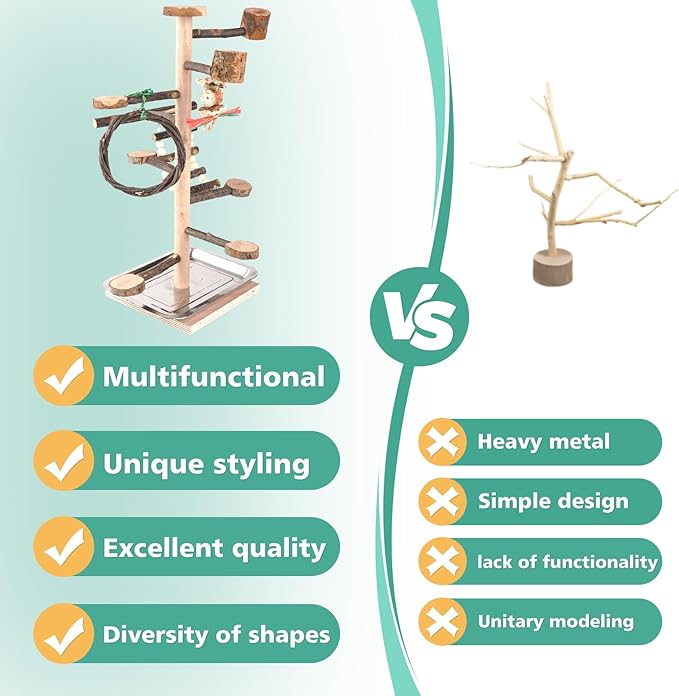 HOSUKKO Bird Playground Parrots Play Stand Wood Perches Stand, Bird Gym Playpen Platform Ladder with Feeder Cups for Cockatiels Budgies Lovebirds, Brown
