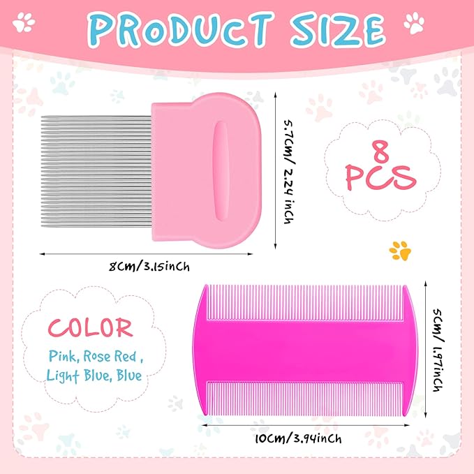 Maitys 8 Pieces Flea Lice Combs Double Sided Lice and Nit Removal Hair Grooming Plastic and Metal Comb for Humans Pets(3.5 x 2 Inch, 3.54 x 1.57 Inch,Pink, Blue)