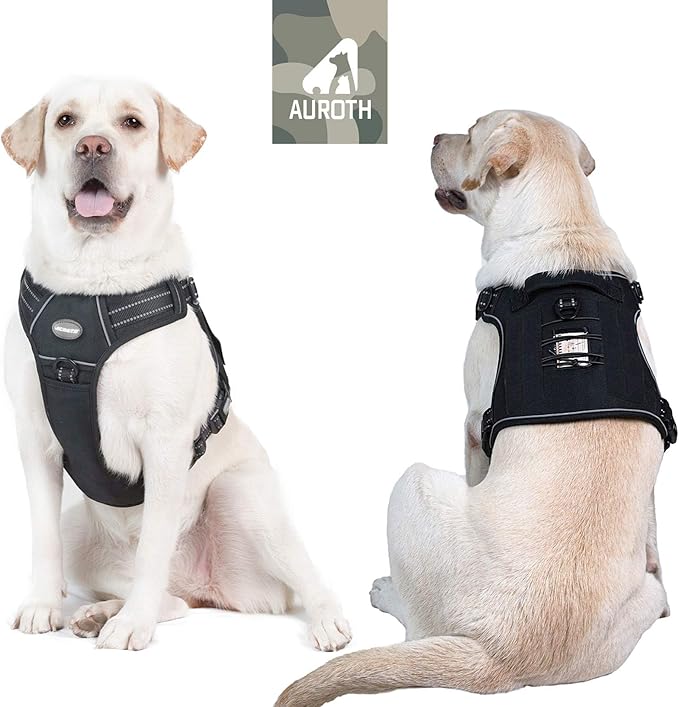 Auroth Tactical Dog Harness for Large Dogs No Pull Adjustable Pet Harness Reflective Working Training Easy Control Pet Vest Military Service Dog Harnesses Black XL