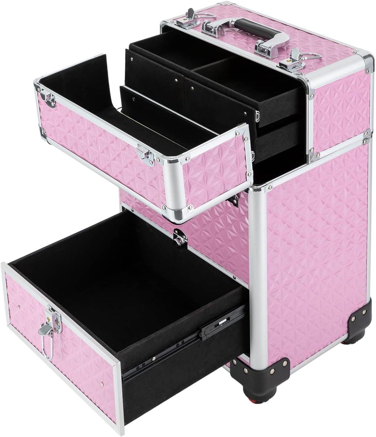 Rolling Makeup Train Case,Professional Aluminum Trolley Case with 4 Detachable Wheels,Nail Polish Organizer with 7 Compartments and a Drawer,for Storing Scissors Makeup Jewelry (Pink Style A)