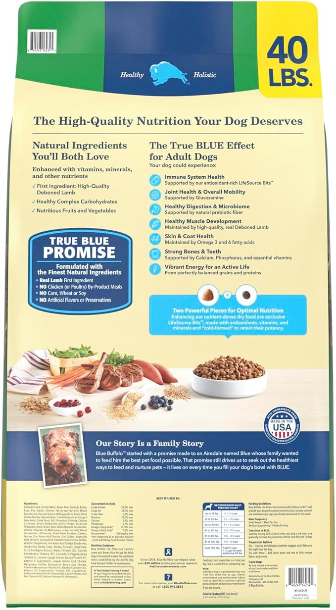 Blue Buffalo Life Protection Formula Adult Dry Dog Food, Helps Build and Maintain Strong Muscles, Made with Natural Ingredients, Lamb & Brown Rice Recipe, 40-lb. Bag