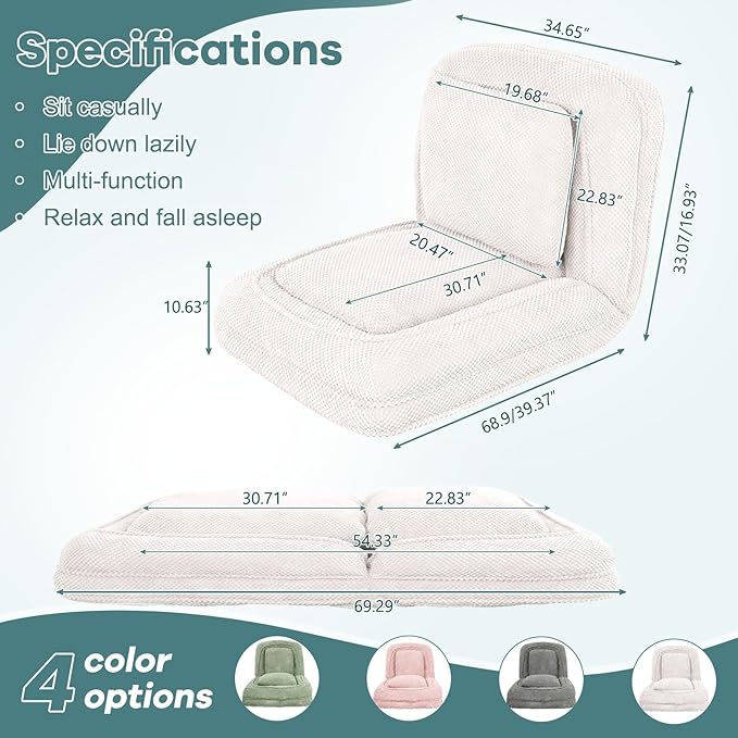Human Dog Bed for Adults & Pets, 5-Position Adjustable Floor Chair, Convertible Lazy Sofa Bed with Metal Frame & 2 Pillows, Plush Gaming Lounge for Living Room Bedroom Office (White)