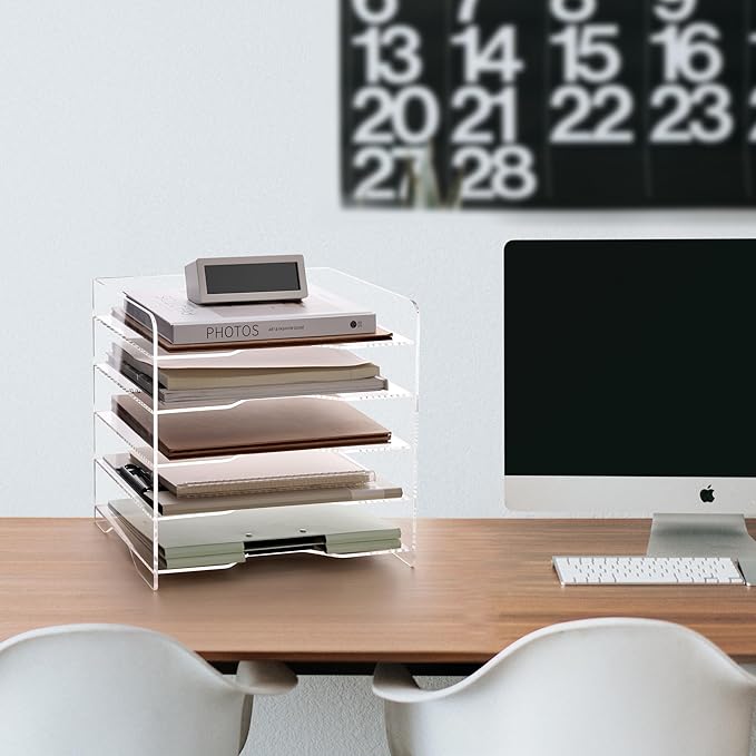 SANRUI Acrylic Desk File Organizer 5 Tier Letter Tray Paper Organizer with Handle for Office, Home, Classroom Clear Desk Organizer Document Holder