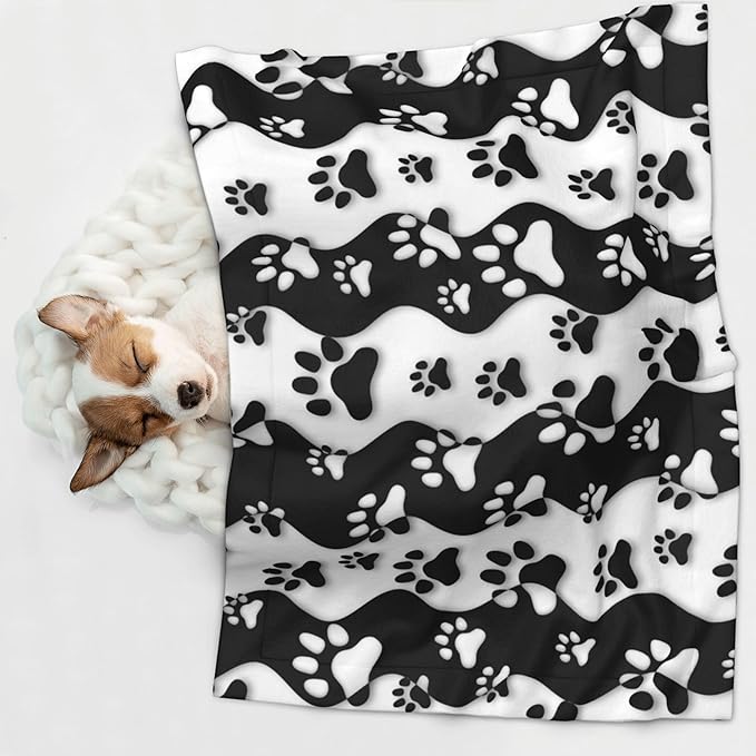 Black White Paw Throw Blanket - Stripes Blanket for Dog Cat Pet Blankets 23x16 for Couch Sofa Bed