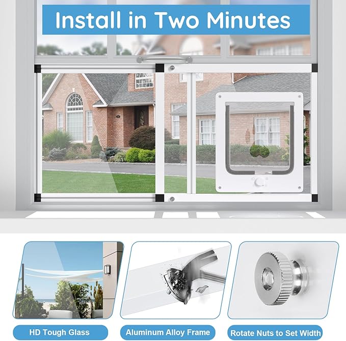 Sliding Cat Door for Window, Fits 22"-28.5" Width Window, 2-Min Install | Aluminum Frame + HD Glass | Weatherproof Design | Magnetic Closure Window Cat Door Insert, Adjustable Pet Door Window for Cats