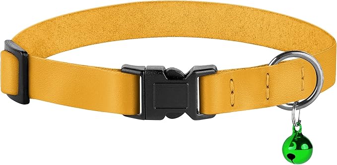 Breakaway Cat Collar with Bell - Leather Adjustable Kitten Collars with Safety Quick Release Buckle - Soft Small Pet Collars for Girl & Boy Cats (Yellow)
