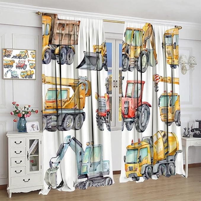 Kids Excavator Curtains, Retro Truck Tractor Machinery Construction Vehicle
