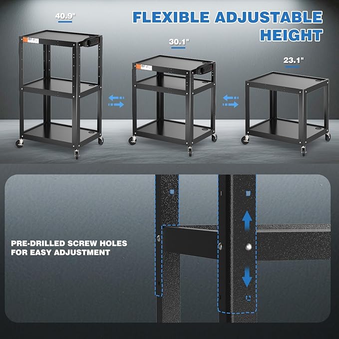 3 Shelf Metal Utility Cart with Wheels & Power Strip - Steel Mobile AV Cart for Video Projector, TV, Laptop, Computers, Printers - Height Adjustable Media Carts for Office Classroom Warehouse