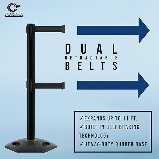 CCW Series WBB-200D - Set of 2 Retractable Dual Belt Barrier Stanchion, Heavy Duty Rubber Base, Black Post (9 Foot Belt, Light Brown Belt)