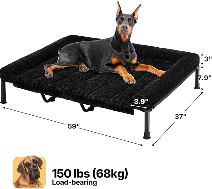 Veehoo Elevated Dog Beds Large Sized Dog with Fluffy Plush Bolster Cushion, Washable Orthopedic Dogs Couch Bed, Raised Pet Cot with Removable Mat, Breathable Mesh, No-Slip Feet, 59 x 37 inches, Black