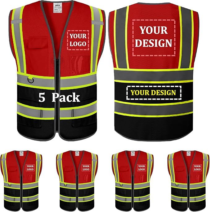 5 Pack Custom Mesh Safety Vest Customized Logo Class2 High Visibility Reflective Vest with Pockets Construction workwear（Red Black，4XL ）
