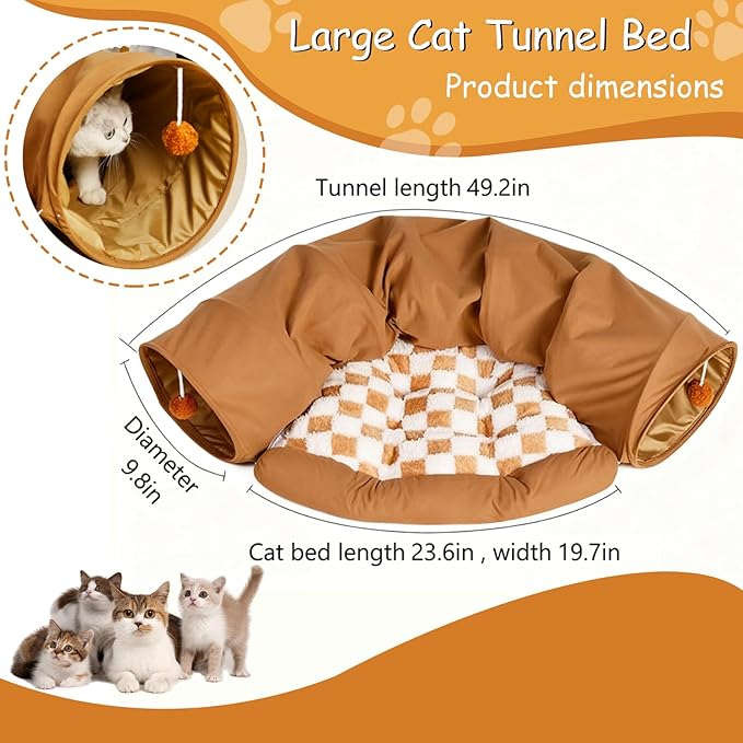Large Cat Tunnel Bed for Indoor Cats, Peekaboo Cat Cave with Detachable & Washable Design, Scratch-Resistant Donut Bed for Multiple & Large Cats (Beige Plaid)
