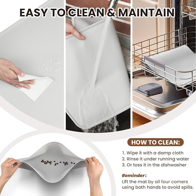 VIVAGLORY Dog Food Mat Flexmat Dog Bowl Mat, Placemat Food Tray with Raised Edges & Lip for Indoor Floor, Non Slip Waterproof Silicone Dish Placemat for Cat & Pet, L, Burgundy