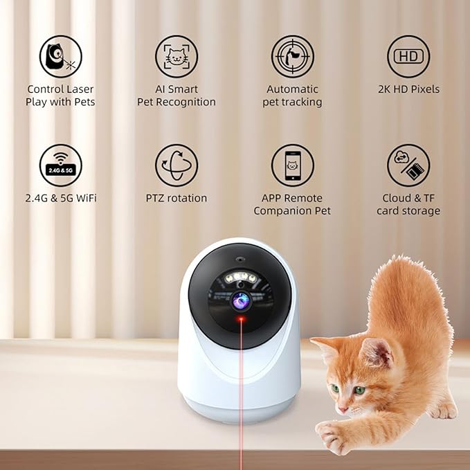 Pet Camera Indoor with Laser Toy 4MP 2.4/5GHz WiFi, 2.5k HD Cat Camera with Phone App, Night Vision & Motion Detection Alerts - APP Remote Control Interactive Device for Dog Cat Monitoring Security