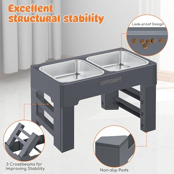 URPOWER Elevated Dog Bowls 4 Height Adjustable Raised Stand with 2 Large Stainless Steel Dog Food and Water Bowl for Small, Medium & Large Dogs
