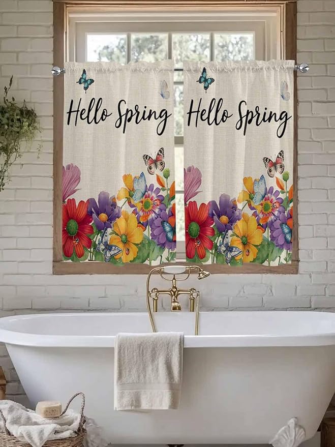 Spring Flowers Kitchen Curtains 54 Inches length, Farmhouse Vintage Country