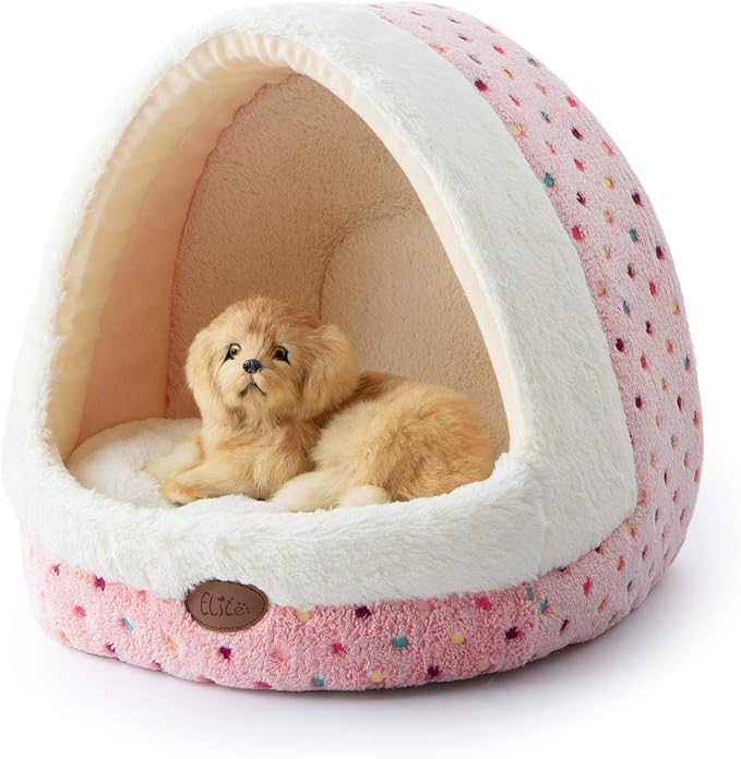Tofern Dog Beds for Small Dog Cats Colorful Dots Pattern Striped Cute Fleece Warm Washable Igloo Pet Bed with Removable Cover