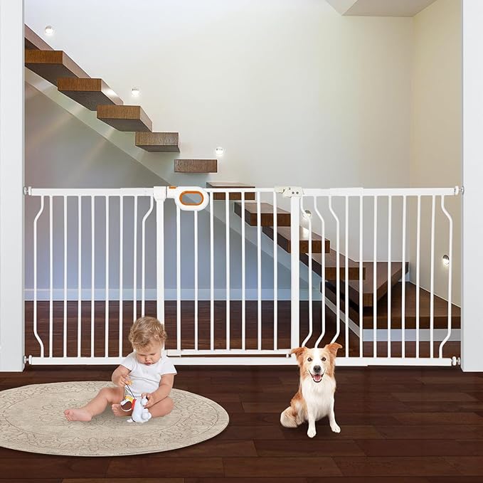 owlie Baby Gate with Door 66-75 Inch, Extra Wide Stair Gates for Kids Adjustable Wide Dog Pet Gate Stairway Large Baby Gates Pressure Mount for Pets for House Stairway Doorway White (30.5'' Tall)
