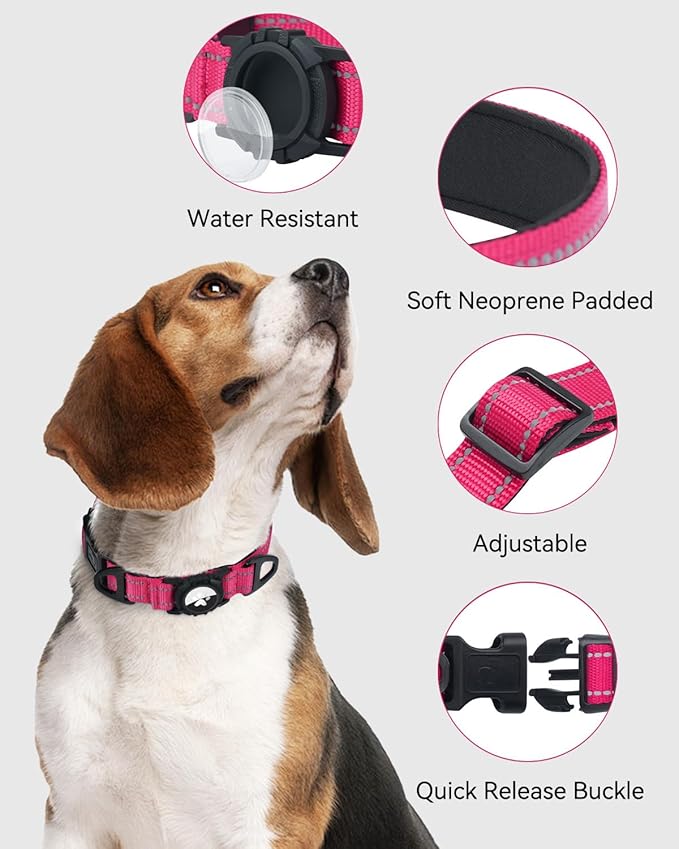 Joytale Airtag Dog Collar, Reflective Pet Collar with Waterproof AirTag Holder, Dual D-Rings, Soft Padded Adjustable for Small Dogs, Hotpink, S