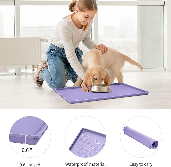 Dog Food Mat,Silicone Waterproof Food Tray,Non Slip Pet Bowl Mats Placemat,0.6" Raised Edge,Suitable for Most Small and Medium Sized Pets,24" x 16"