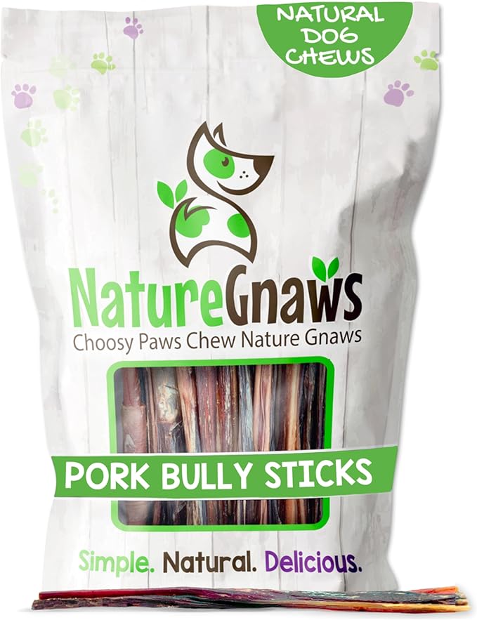 Nature Gnaws Extra Thin Pork Bully Sticks for Small Dogs 5-6" (50 Count) - Long Lasting for Light Chewers and Puppies - Natural Bacon Dog Chew Treats