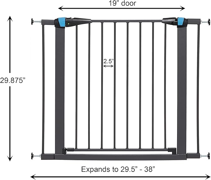 MidWest Homes for Pets 29 Inches Tall Walk-Through Steel Pet Gate, Pressure Mounted Dog Gate with Glow Strip Measures 29H x 29.5-38W Inches & Includes Two 3-Inch-Wide Extensions, Graphite