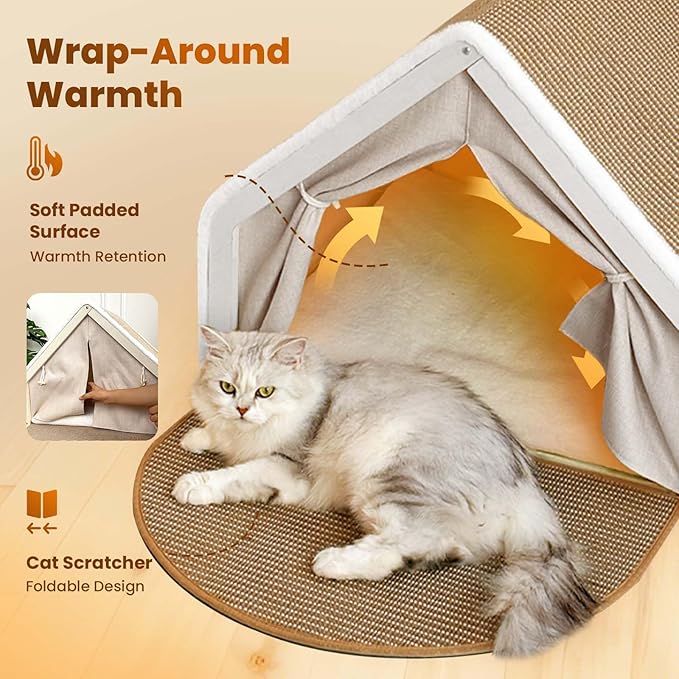 Cat Houses for Indoor Cats - 4 Seasons Cat Bed Cave with Natural Sisal Cat Scratcher Mat, Solid Wood Frame Cat House with Curtains and Cat Floor Scratching Pad Rug, Protect Couch and Carpets, S