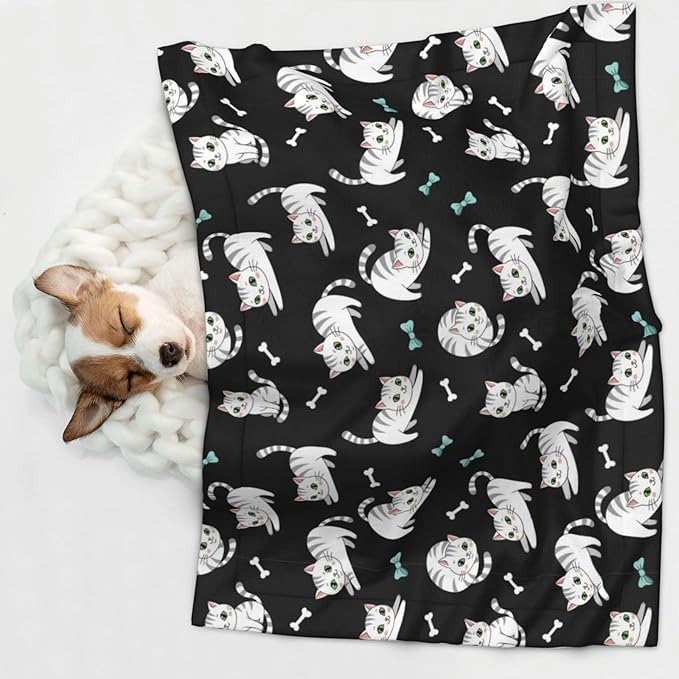 Double Sided Plush Pet Blanket with Cozy Dot Texture and Smooth Reverse, White Cute Cats, Reversible Throw for Dogs Cats on Couches Beds Crates