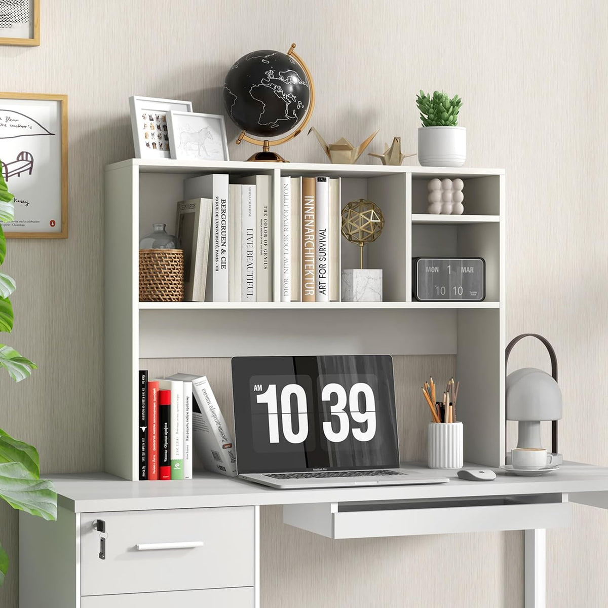 GOFLAME Desk Hutch Dorm White, 4 Cubes Desktop Bookshelf, 37” Wood Tabletop Storage Organizer Shelf for Computer Monitor, Modern Countertop Display Hutch, Home Office, Study
