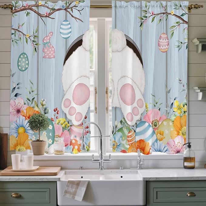Easter Window Curtains 63 Inch Long 2 Panel Set, Rod Pocket Bedroom Curtains &