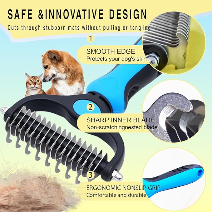 Pet Grooming Rake for Dogs & Cats - Double-Sided Deshedding and Dematting Tool, Gently Remove 95% of Loose Undercoat & Mats for Long-Haired Pets, Painless Fur Brush for Shedding Control (M)