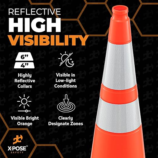 Xpose Safety 36 Inch Orange Traffic Cones with 6" & 4" Collars, 8-Pack - Multipurpose PVC Plastic Safety Cone for Parking, Soccer, Caution, Kids and Construction - DOT Approved