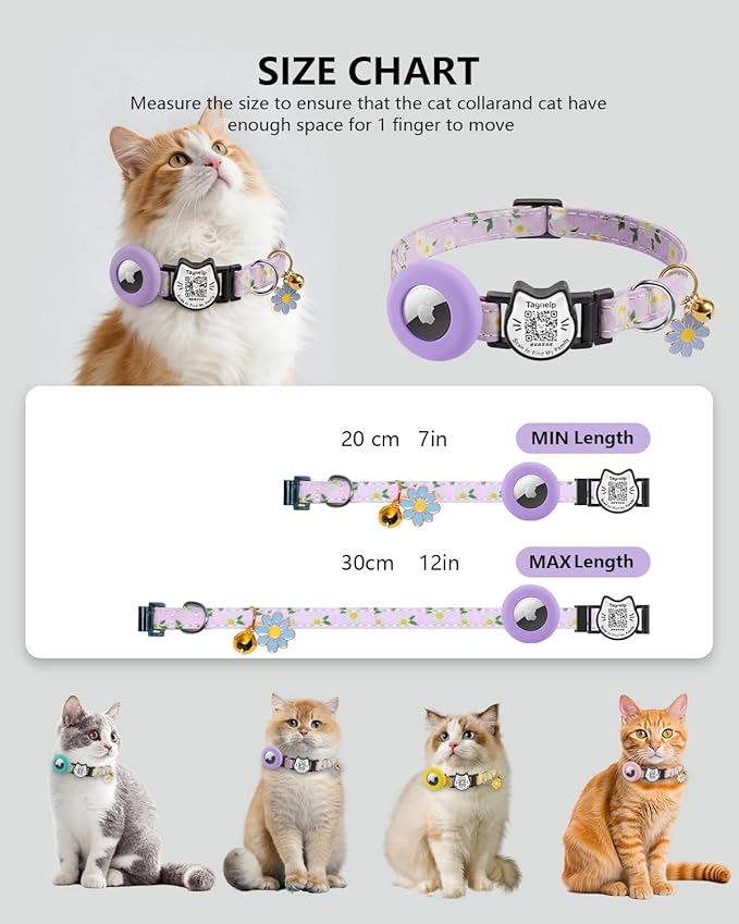 Cute Floral Breakaway Cat Collar with QR Code ID, Cotton Kitten Collar with Bell & AirTag Holder, Adjustable Safety Collar for Cats,Pastoral Style with airtag Holder(Pink)